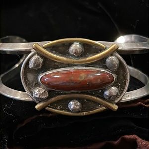 Handmade boho silver and brass agate stone unmarked cuff bracelet heavy